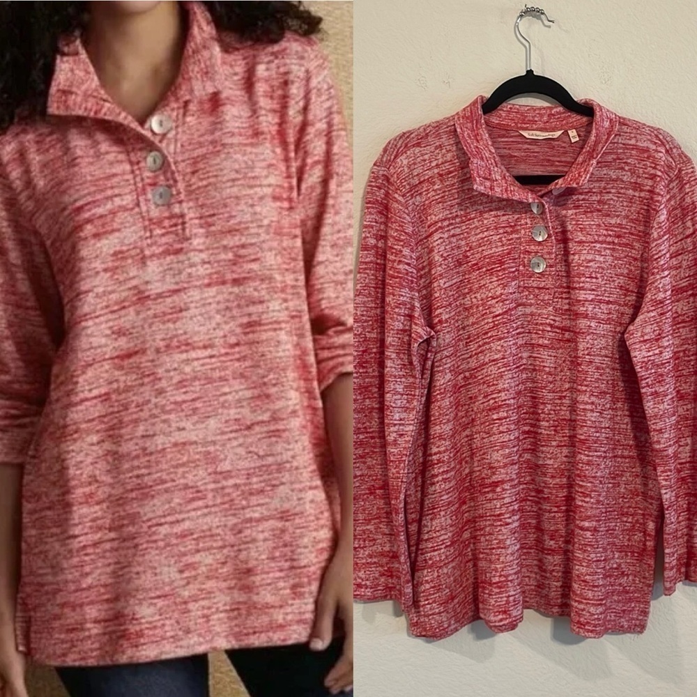 Soft Surroundings Women's Henley Top Large Red Oversized Stretch Cotton Comfy